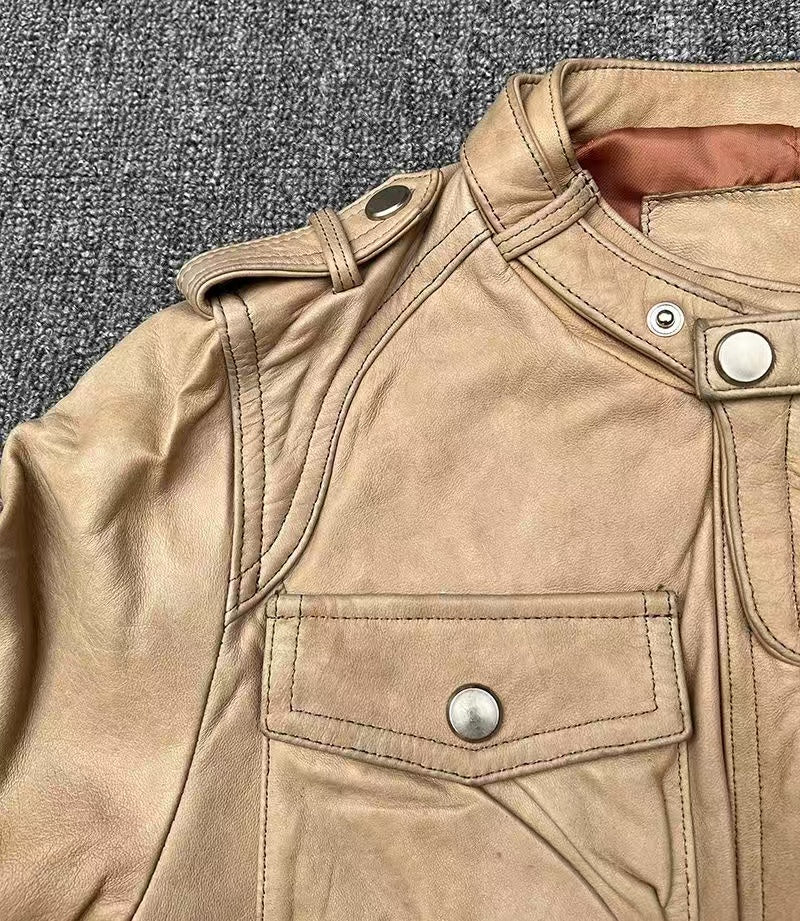 Women's sheep leather beige coat classic motorcycle spring-automn women's cool top - YZ Lether