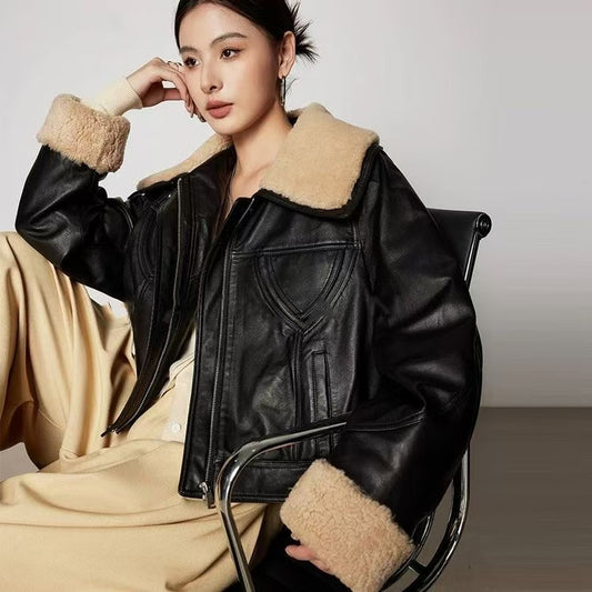 Women's cow leather coat wool collar padded biker coat coat classic motorcycle winter women's cool top - YZ Lether