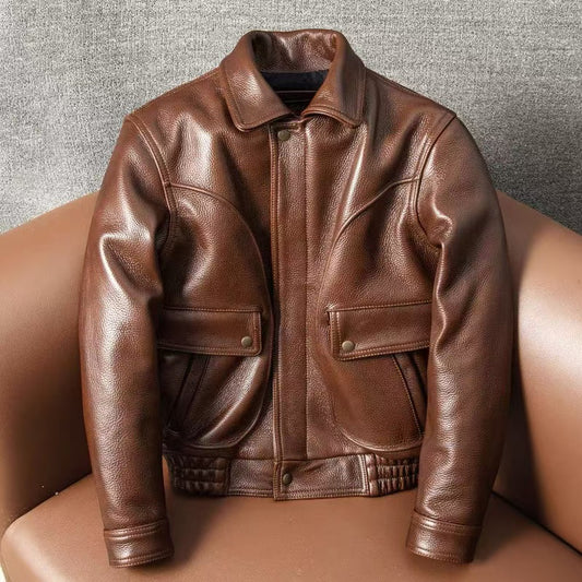 Men's cow leather flight brown motorcycle coat classic winter warm men's jacket A8 - YZ Lether