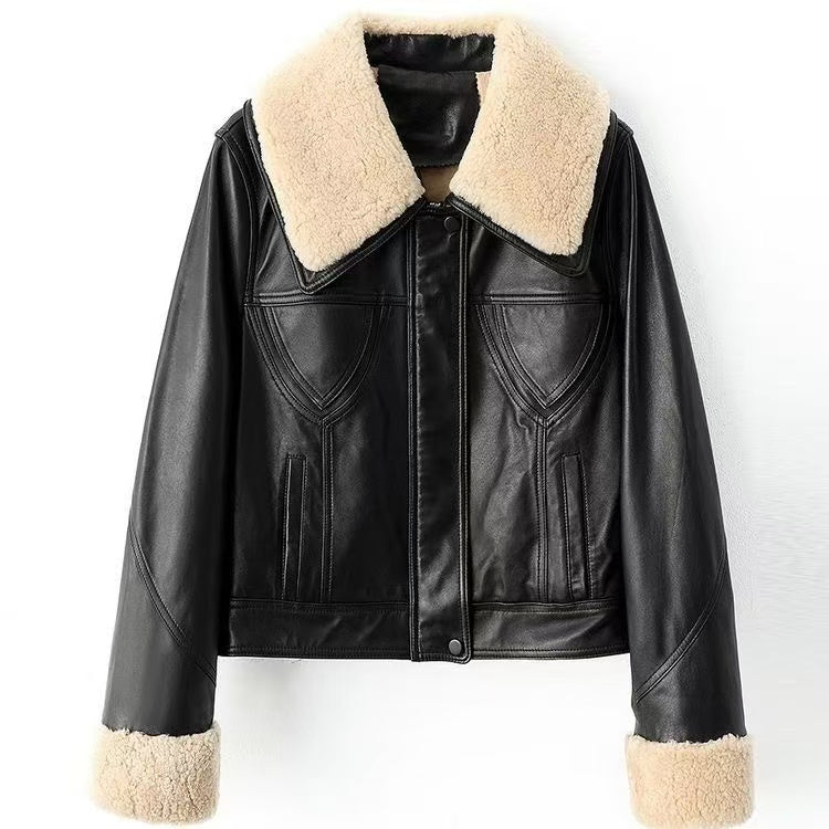 Women's cow leather coat wool collar padded biker coat coat classic motorcycle winter women's cool top - YZ Lether