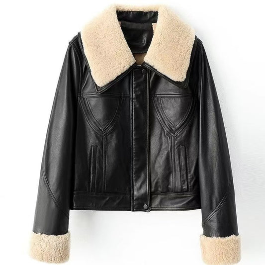 Women's cow leather coat wool collar padded biker coat coat classic motorcycle winter women's cool top - YZ Lether