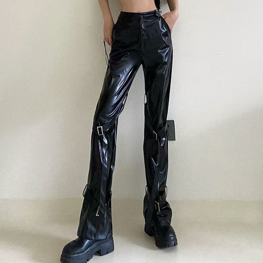 Women's sustainable leather personalized ribbon slim fit motorcycle black flared pantscasual trendy trousers eco-friendly trouser K4 - YZ Lether