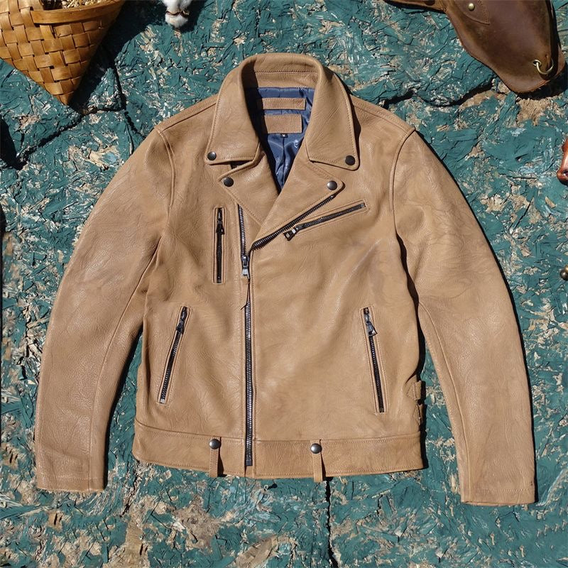 Men's natural crinkled textured goatskin leather flight spring-autumn chelsea biker jacket A104 - YZ Lether