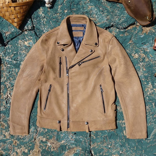 Men's natural crinkled textured goatskin leather flight spring-autumn chelsea biker jacket A104 - YZ Lether