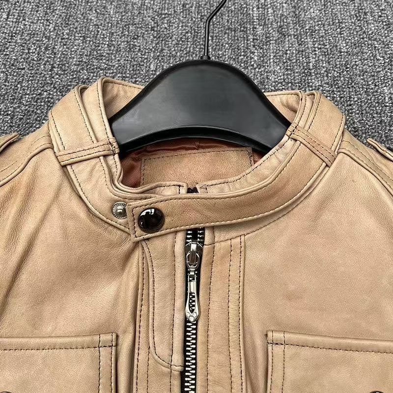 Women's sheep leather beige coat classic motorcycle spring-automn women's cool top - YZ Lether