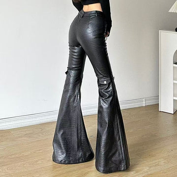 Women's sustainable leather personalized ribbon slim fit motorcycle black flared pantscasual trendy trousers eco-friendly trouser K2 - YZ Lether
