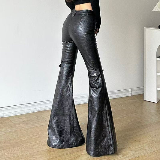Women's sustainable leather personalized ribbon slim fit motorcycle black flared pantscasual trendy trousers eco-friendly trouser K2 - YZ Lether