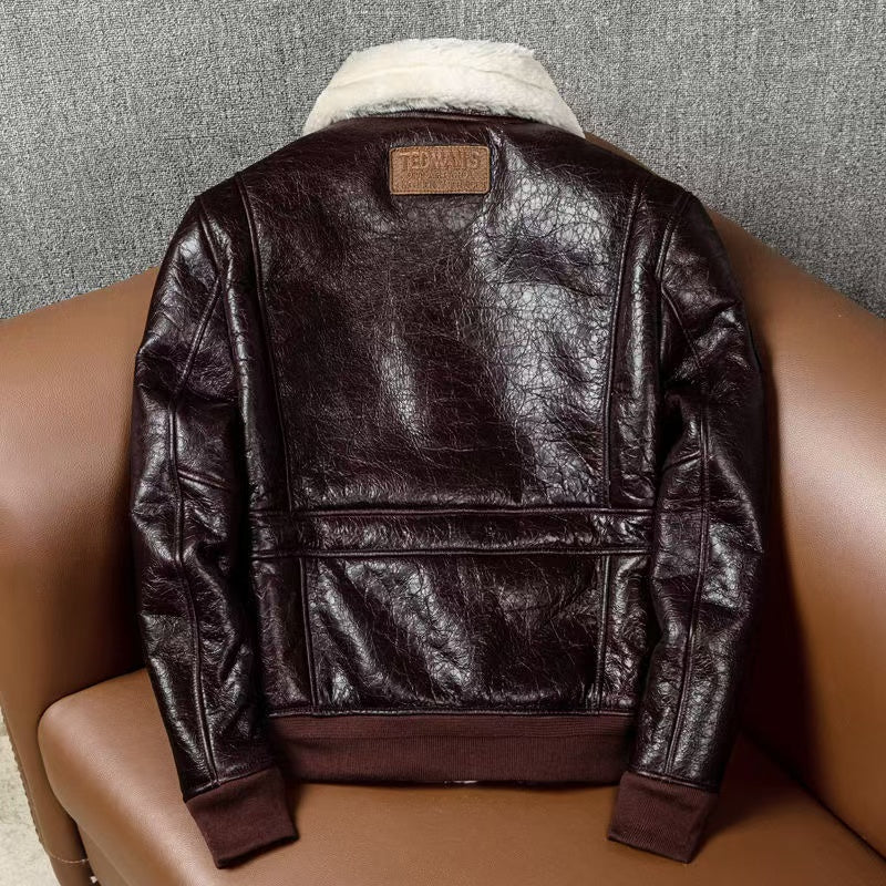 Men's sheep leather flight brown motorcycle coat classic winter warm men's jacket A3 - YZ Lether
