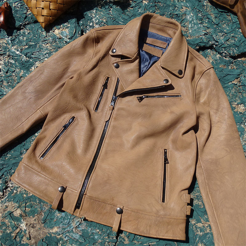 Men's natural crinkled textured goatskin leather flight spring-autumn chelsea biker jacket A104 - YZ Lether