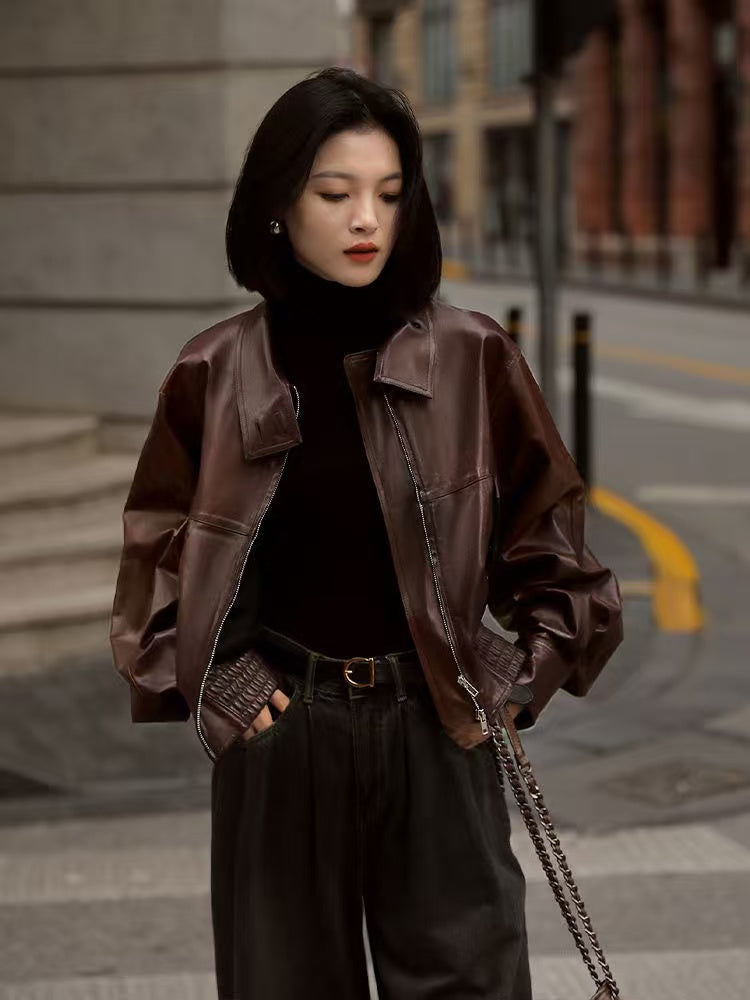 Women's sheep leather dark-brown jacket coat classic spring-automn women's motorcycle top - YZ Lether