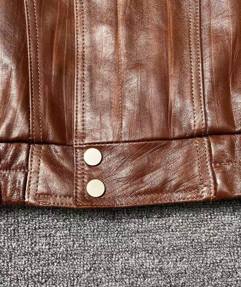 Men's sheep leather texture fancy cool style spring-automn-winter men'brown top - YZ Lether