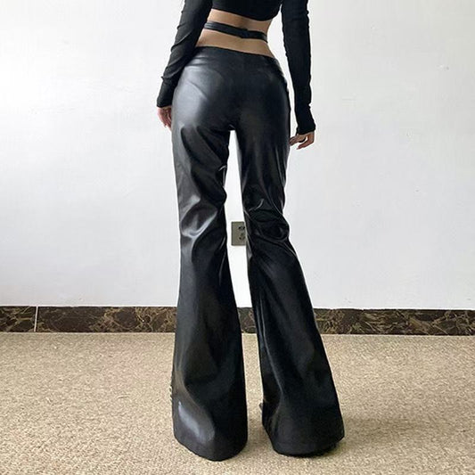 Women's sustainable leather personalized ribbon slim fit motorcycle black flared pantscasual trendy trousers eco-friendly trouser K6 - YZ Lether