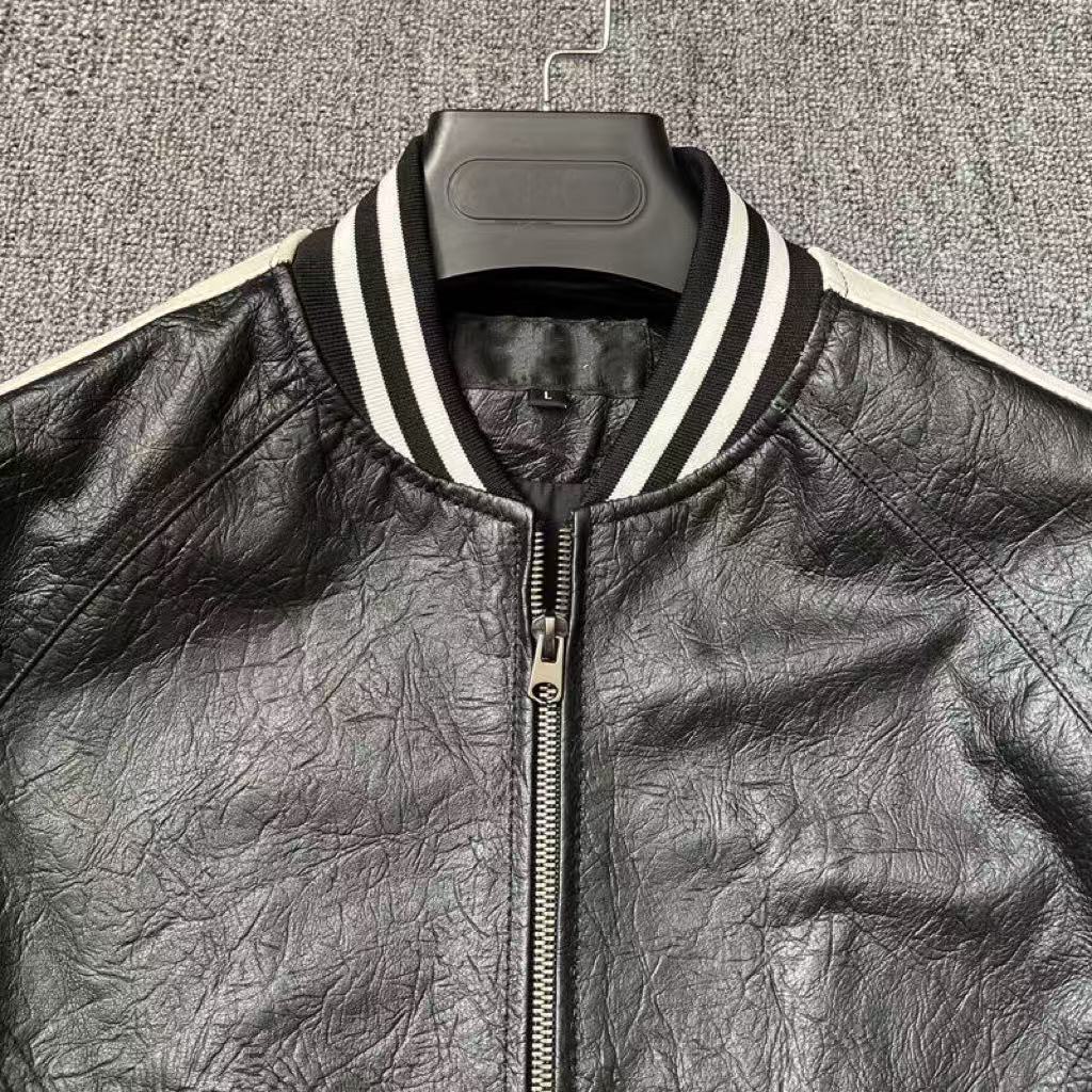 Men's cow leather jacket classic all seasons men's motorcycle cool coat top - YZ Lether