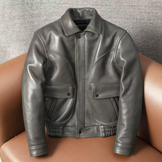 Men's cow leather flight green motorcycle coat classic winter warm men's jacket A9 - YZ Lether