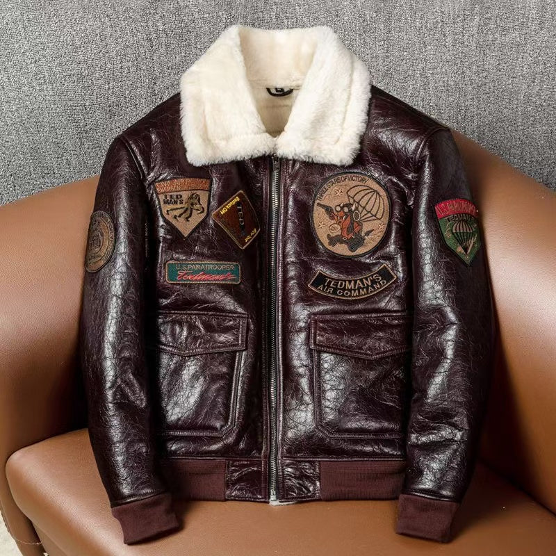 Men's sheep leather flight brown motorcycle coat classic winter warm men's jacket A3 - YZ Lether