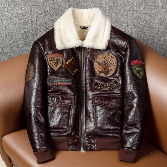 Men's sheep leather flight brown motorcycle coat classic winter warm men's jacket A3 - YZ Lether