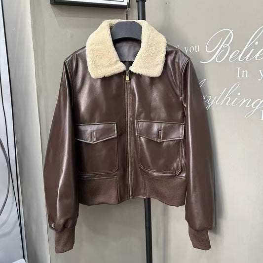 Women's sheep leather coat lamb's wool collar padded biker coat coat classic motorcycle winter women's cool top - YZ Lether