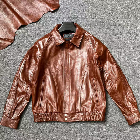 Men's sheep leather texture fancy cool style spring-automn-winter men'brown top - YZ Lether