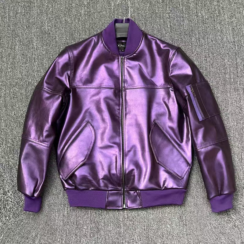 Men's sheep purple leather embroidery baseball coat Patent leather jacket men's top - YZ Lether