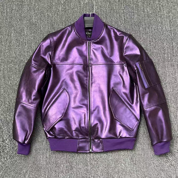 Men's sheep purple leather embroidery baseball coat Patent leather jacket men's top - YZ Lether