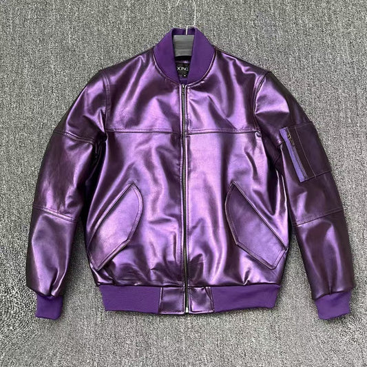 Men's sheep purple leather embroidery baseball coat Patent leather jacket men's top - YZ Lether