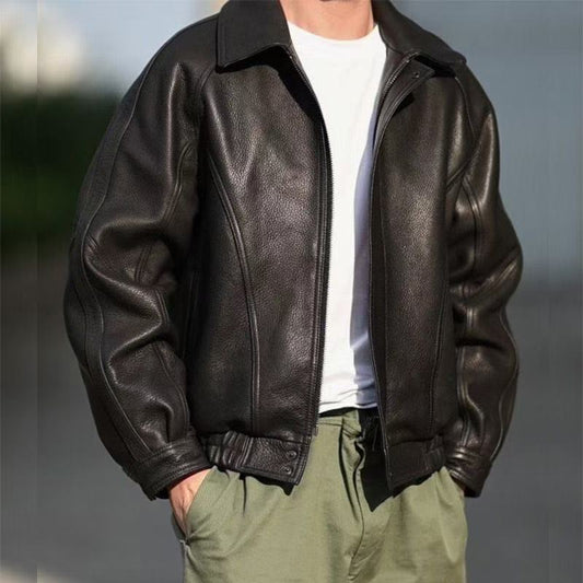 Men's cow leather jacket motorcycle coat classic winter warm men's jacket A20 - YZ Lether
