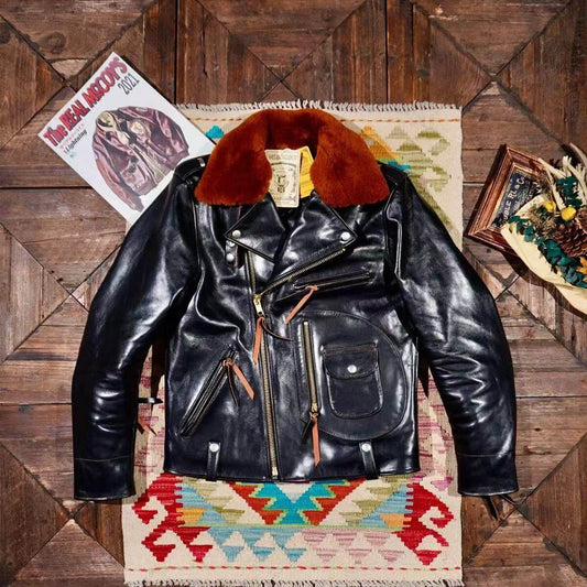 Men's cowhide leather flight black motorcycle coat classic winter warm men's jacket A9 - YZ Lether