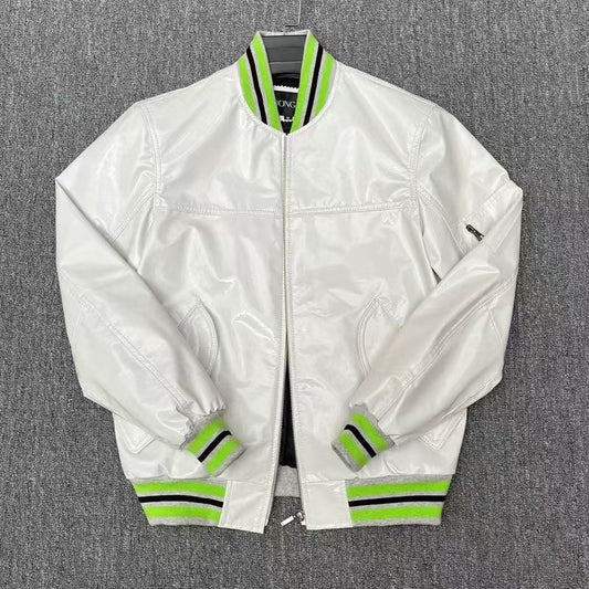 Men's cowhide white leather jacket classic spring-automn men's baseball top - YZ Lether